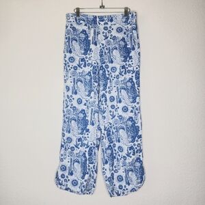 Cynthia Rowley Blue Patterned Linen Blend Wide Leg Cropped Pants L